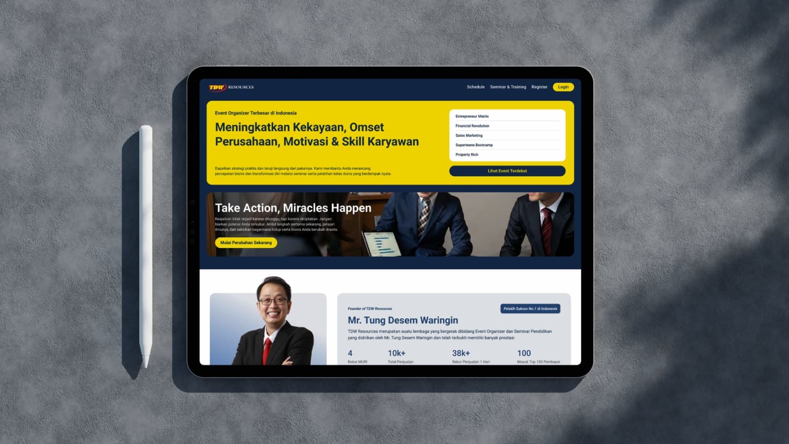 TDW Resources seminar and training website on a tablet — 1